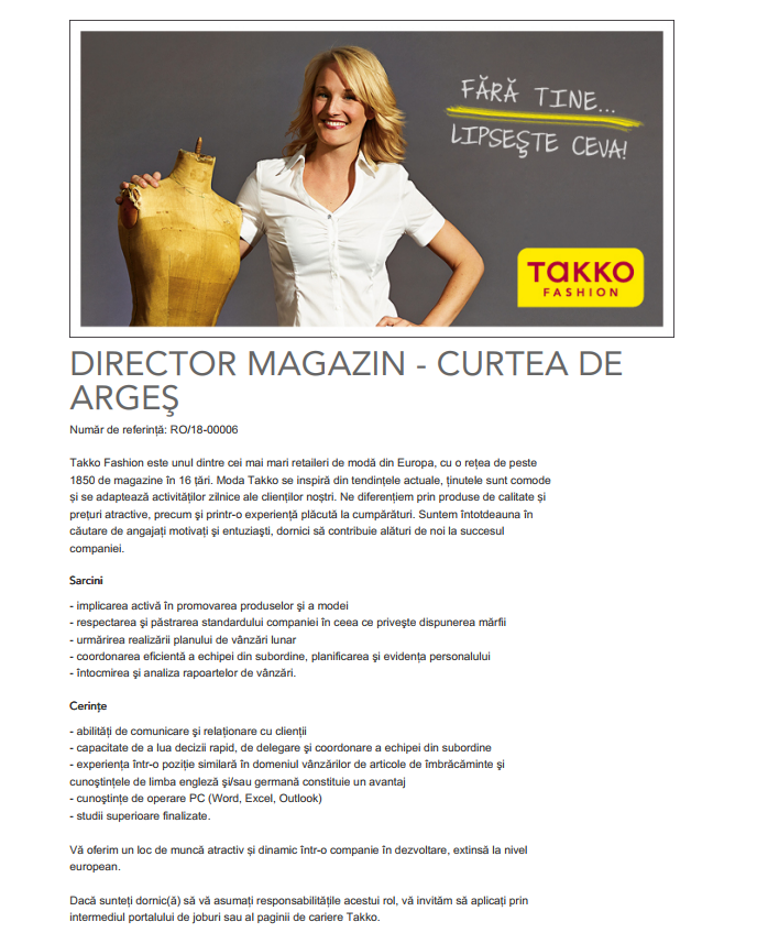 Director Magazin Curtea De Arges Takko Fashion International Srl Aplica Pe Ejobs