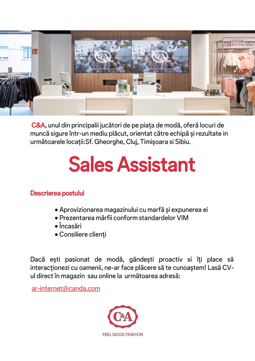 Sales Assistant Cluj Rm Valcea Timisoara Sibiu C A Moda Retail