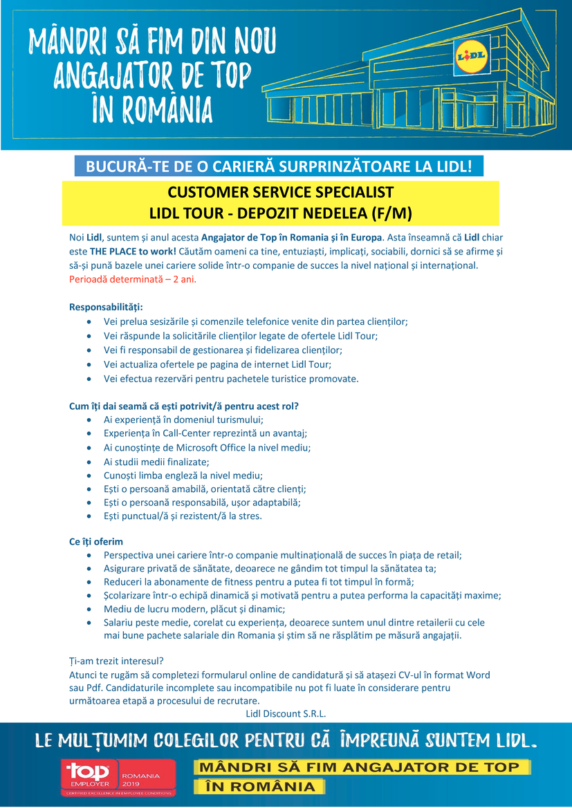 Customer Service Specialist Lidl Tour Nedelea (f/m), Lidl Discount S