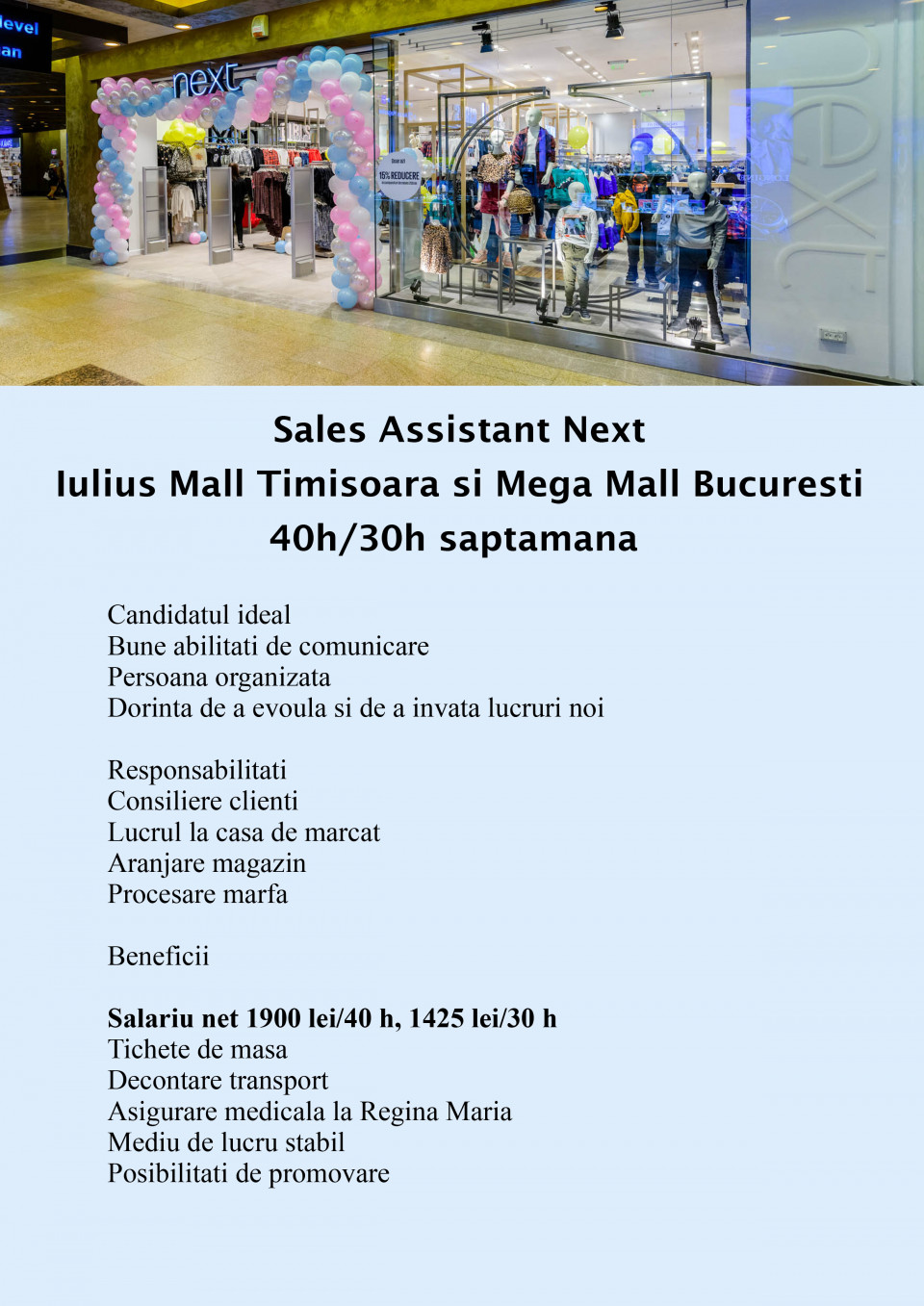 Sales Assistant Next Iulius Mall Mega Mall Full Part Time Sc Ixy Retail Srl Aplica Pe Ejobs