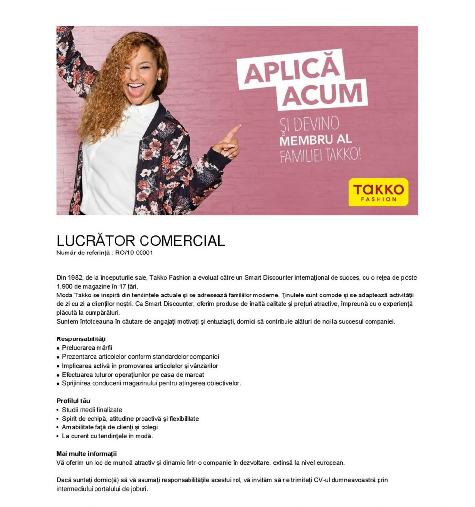 Lucrator Comercial Bucuresti Tulcea Sebes Constanta Takko Fashion International Srl Aplica Pe Ejobs