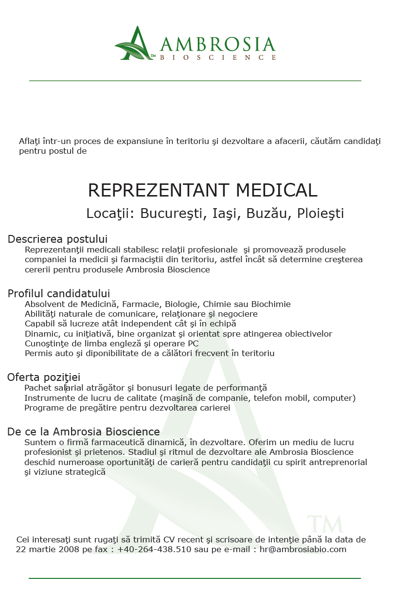 Reprezentant Medical Ambrosia Bioscience Srl Aplica Pe Ejobs