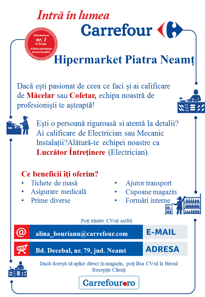 Carrefour Piatra Neamt Angajeaza Macelar Cofetar Lucrator Intretinere Electrician Sc Carrefour Romania Sa Aplica Pe Ejobs